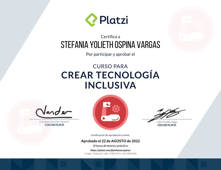 Diploma del Curso de Diseño de Tecnología Inclusiva para Personas en Condición de Discapacidad