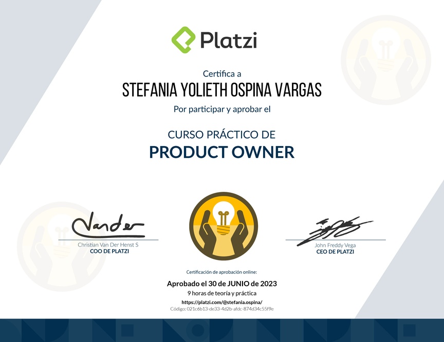 Diploma del Curso de Herramientas y Frameworks Intermedias para Product Owners
