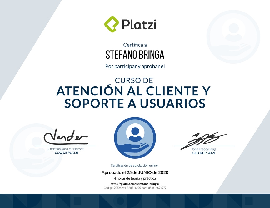 Diploma del Curso de Servicio al Cliente y Soporte a Usuarios