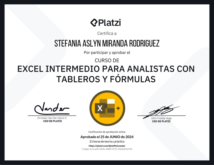 Diploma del Curso de Excel Intermedio para Analistas con Tableros y Fórmulas