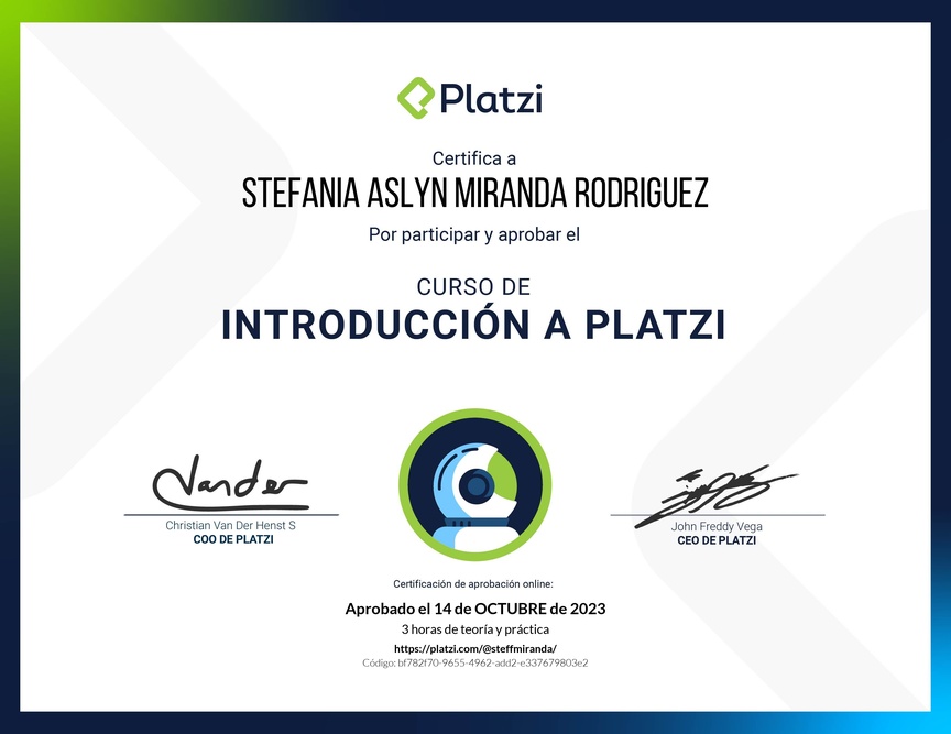 Diploma del Curso de Introducción a Platzi 🇨🇱