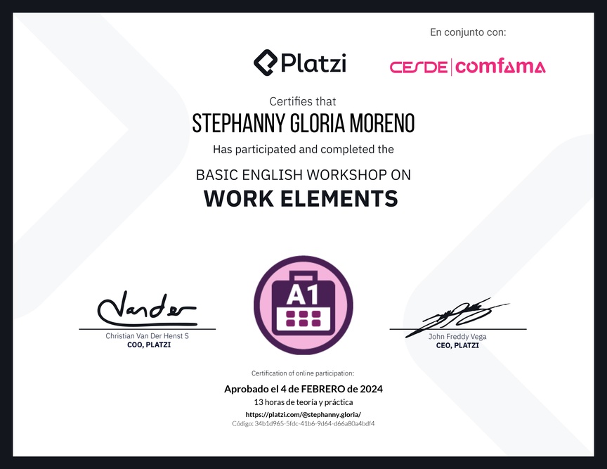 Diploma del Curso de Inglés Práctico sobre Elementos de Trabajo