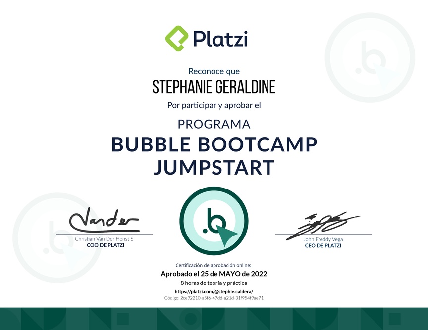 Diploma de Bubble x Platzi Jumpstart Bootcamp