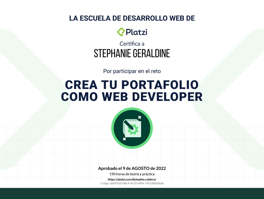 Diploma de Diploma del #PlatziChallenge: Crea tu Portafolio como Web Developer Profesional