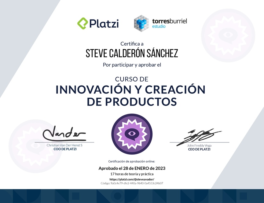 Diploma del Curso de Innovación y Creación de Productos
