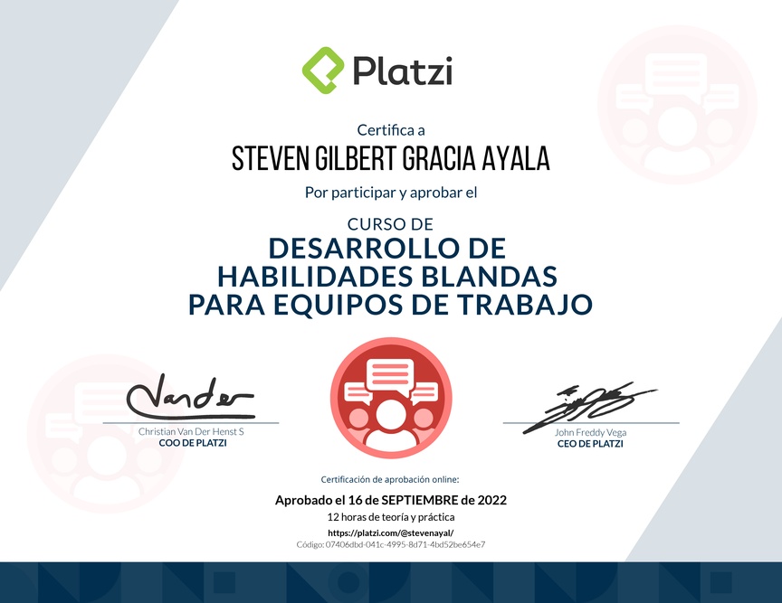Diploma del Curso de Desarrollo de Habilidades Blandas para Equipos de Trabajo