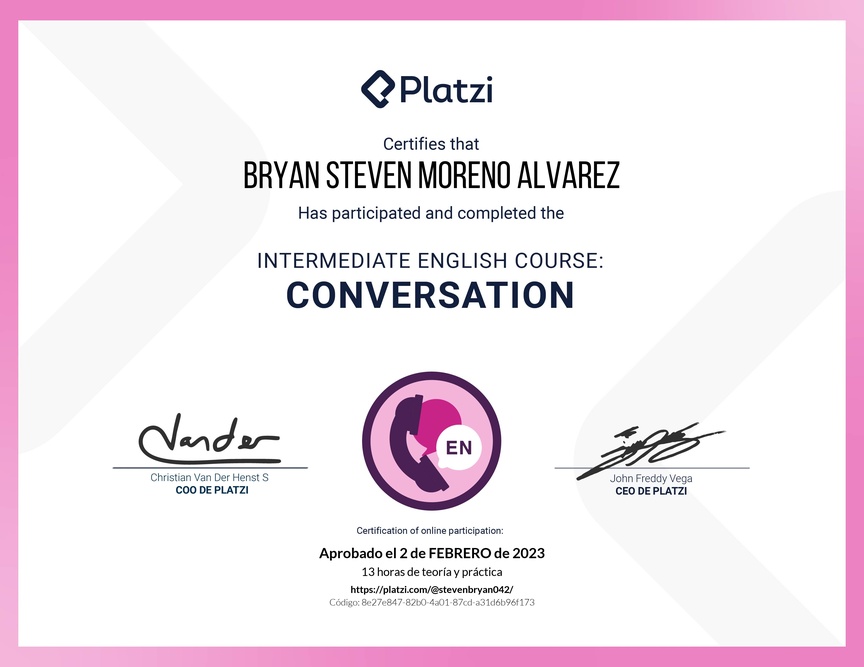 Diploma del Curso de Inglés Intermedio: Conversación 2020