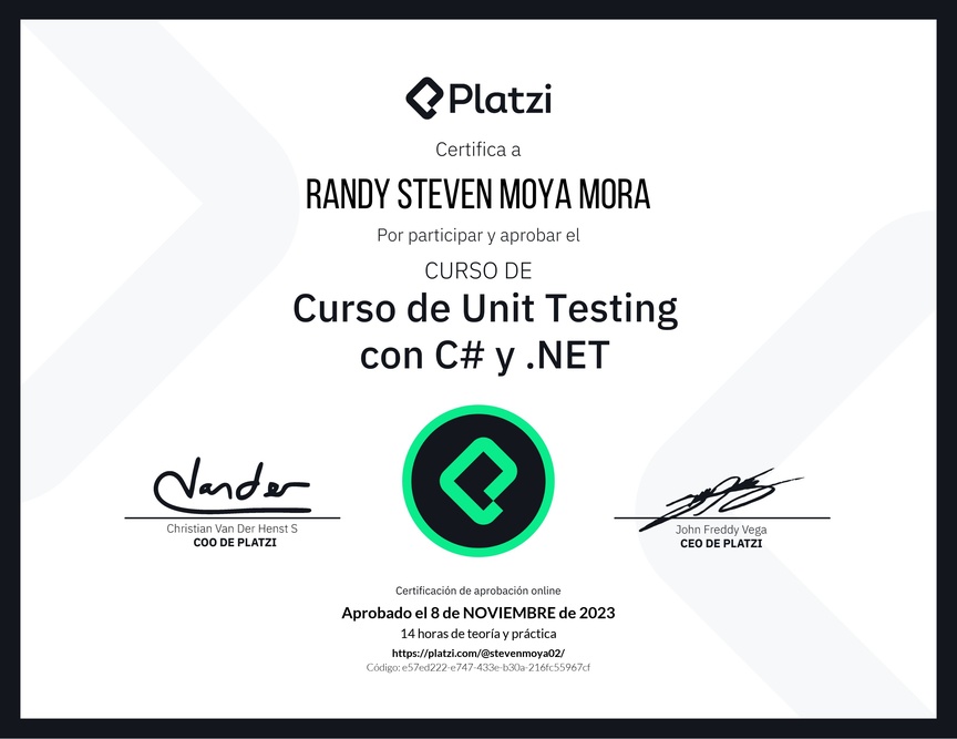 Diploma del Curso de Unit Testing con C# y .NET