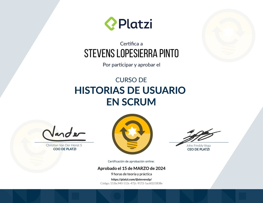 Diploma del Curso de Historias de Usuario en Scrum