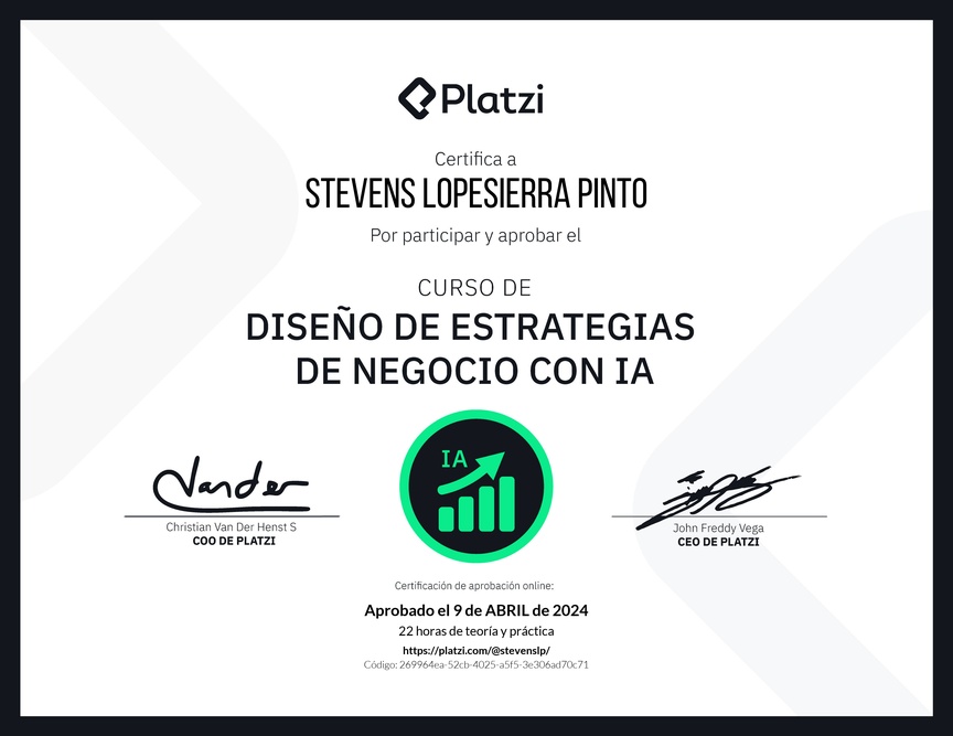 Diploma del Curso de Diseño de Estrategias de Negocio con Inteligencia Artificial: Optimización y Personalización