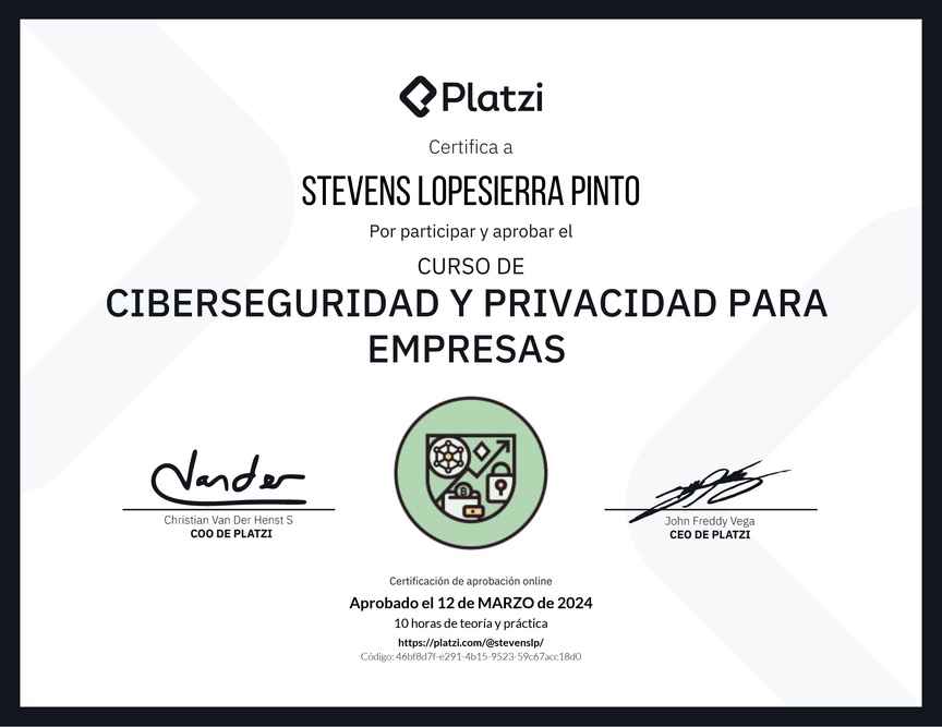Diploma del Curso de Ciberseguridad y Privacidad Empresarial (2023)