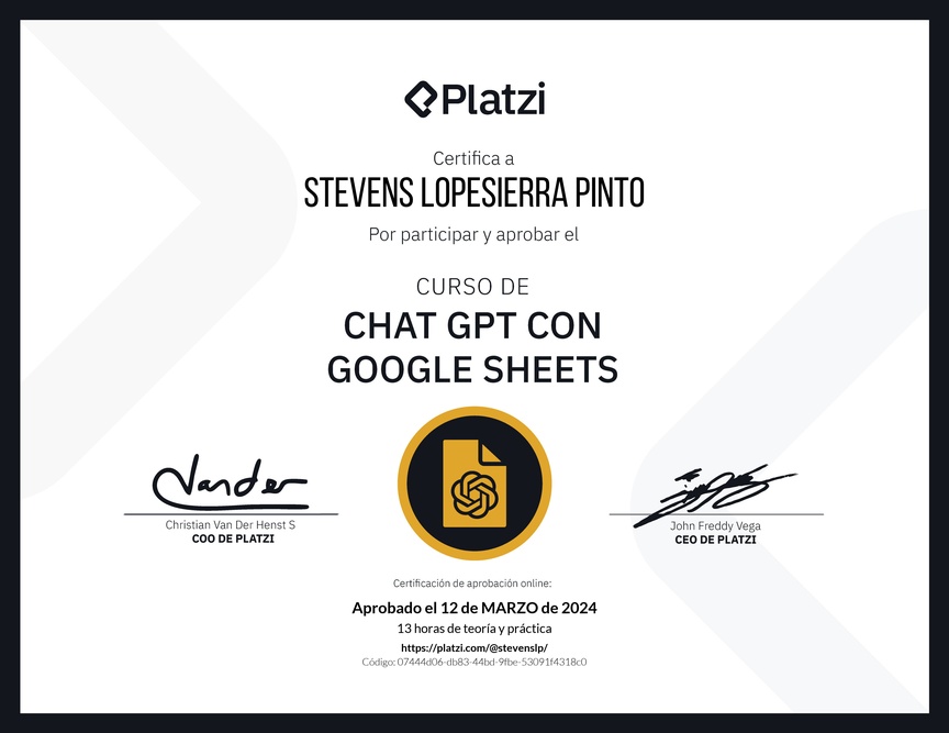 Diploma del Curso de ChatGPT con Google Sheets