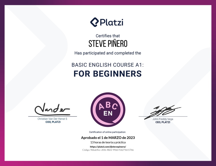 Diploma del Curso de Inglés Básico para Principiantes - (2022)