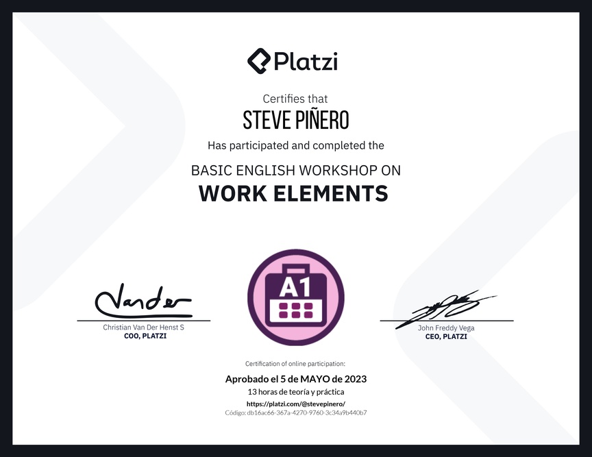 Diploma del Curso de Inglés Práctico sobre Elementos de Trabajo