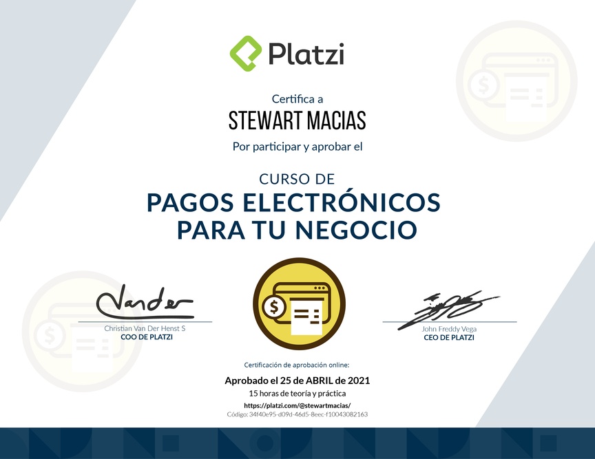 Diploma del Curso de E-Commerce para Implementar Pagos Electrónicos