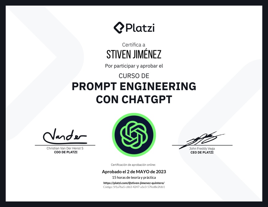 Diploma del Curso de Prompt Engineering con ChatGPT