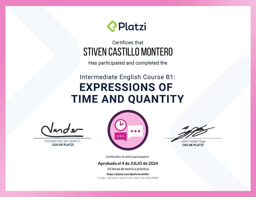 Diploma del Curso de Inglés Intermedio B1: Expresiones de Tiempo y Cantidad