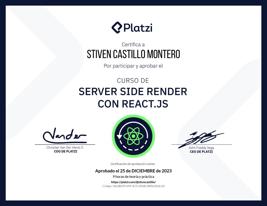 Diploma del Curso de Server Side Render o SSR con React.js