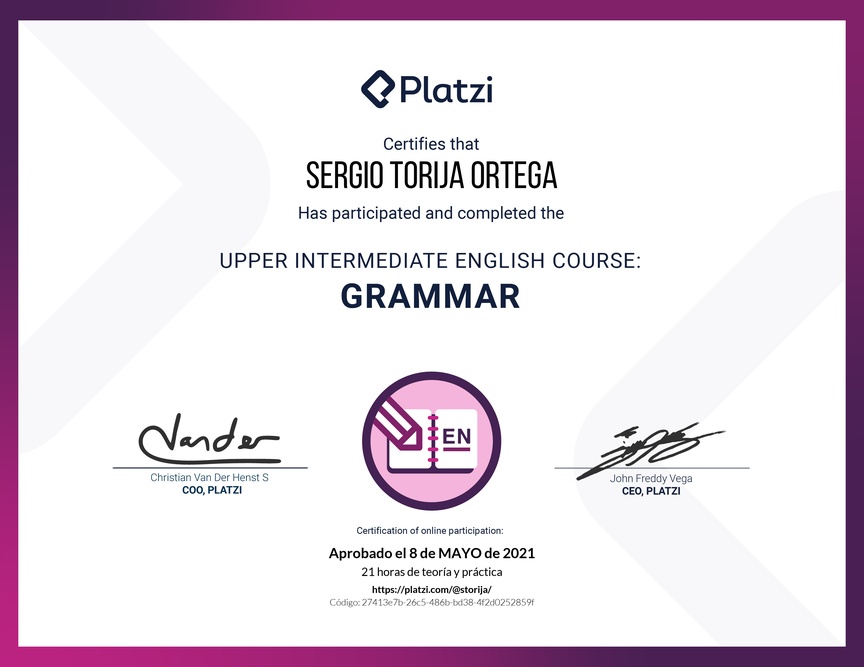 Diploma del Curso Intermedio Alto de Gramática en Inglés (2020)