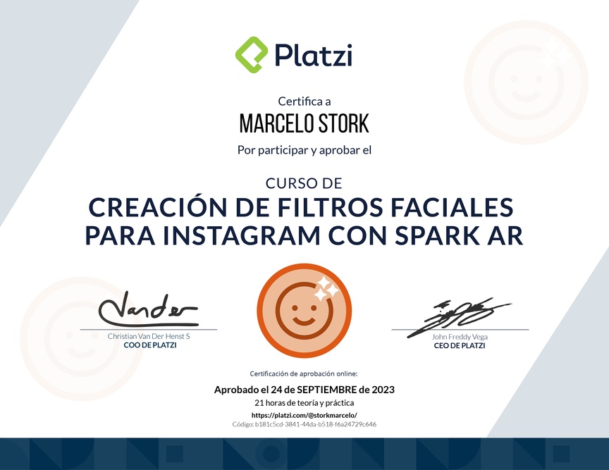 Diploma del Curso de Creación de Filtros Faciales para Instagram con Spark AR