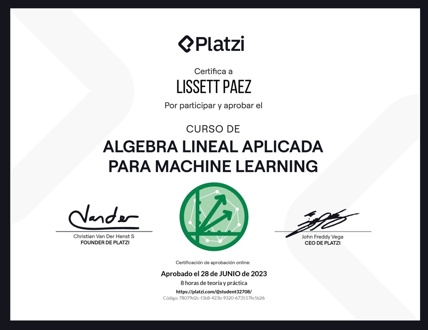 Diploma del Curso de Álgebra Lineal Aplicada para Machine Learning