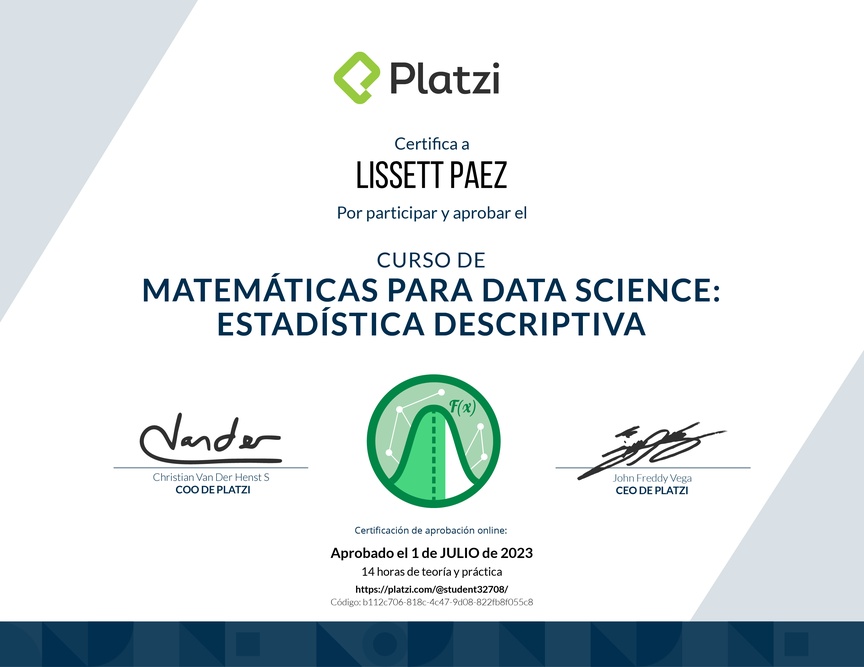 Diploma del Curso de Matemáticas para Data Science: Estadística Descriptiva