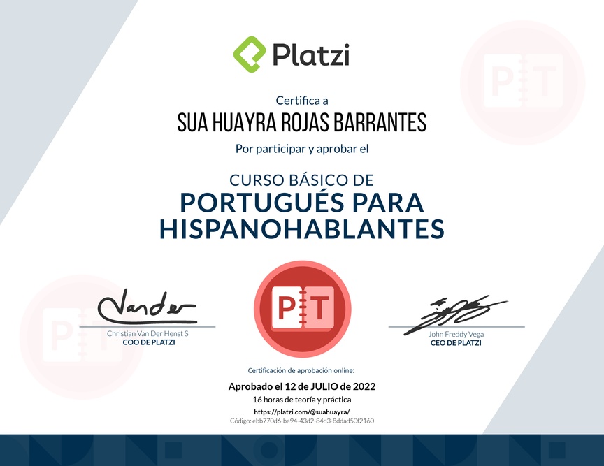 Diploma del Curso de Portugués para Hispanohablantes