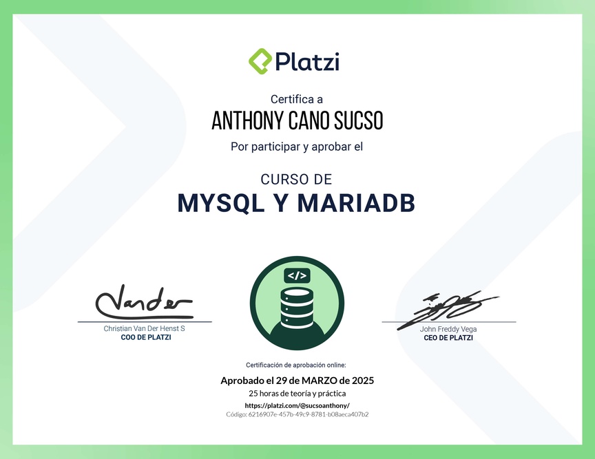 Diploma del Curso de Bases de Datos con MySQL y MariaDB