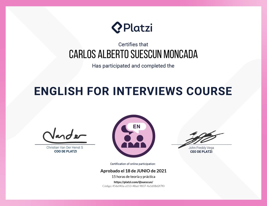Diploma del Curso para Entrevistas de Trabajo en Inglés (2020)
