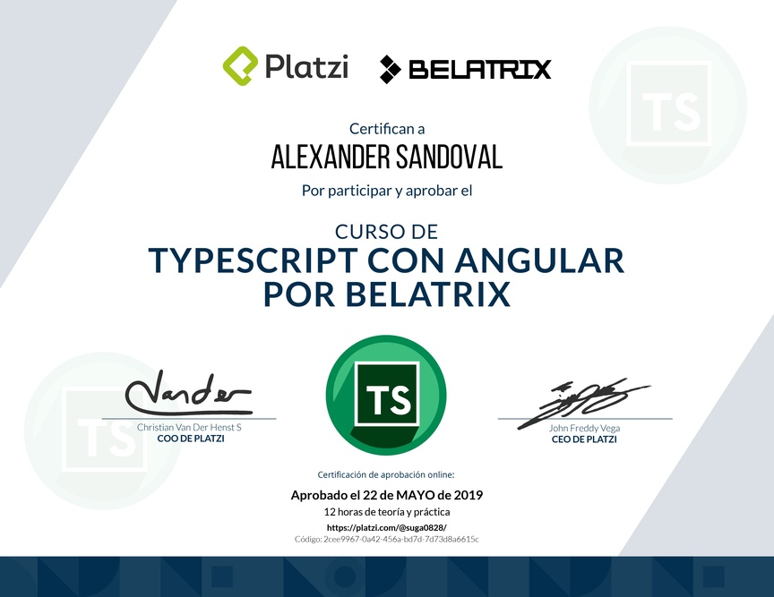Diploma del Curso de TypeScript con Angular por Belatrix