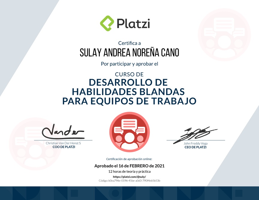 Diploma del Curso de Desarrollo de Habilidades Blandas para Equipos de Trabajo