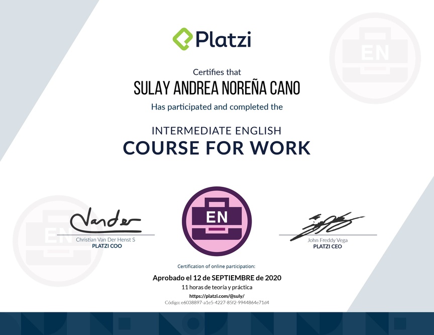 Diploma del Curso Intermedio de Inglés para el Trabajo 2020