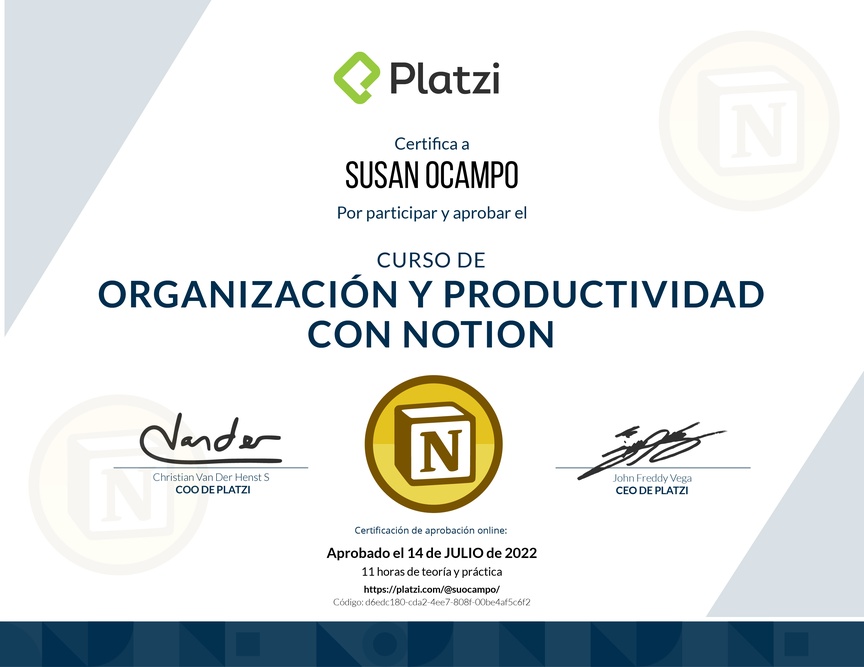 Diploma del Curso de Organización y Productividad con Notion (2021)