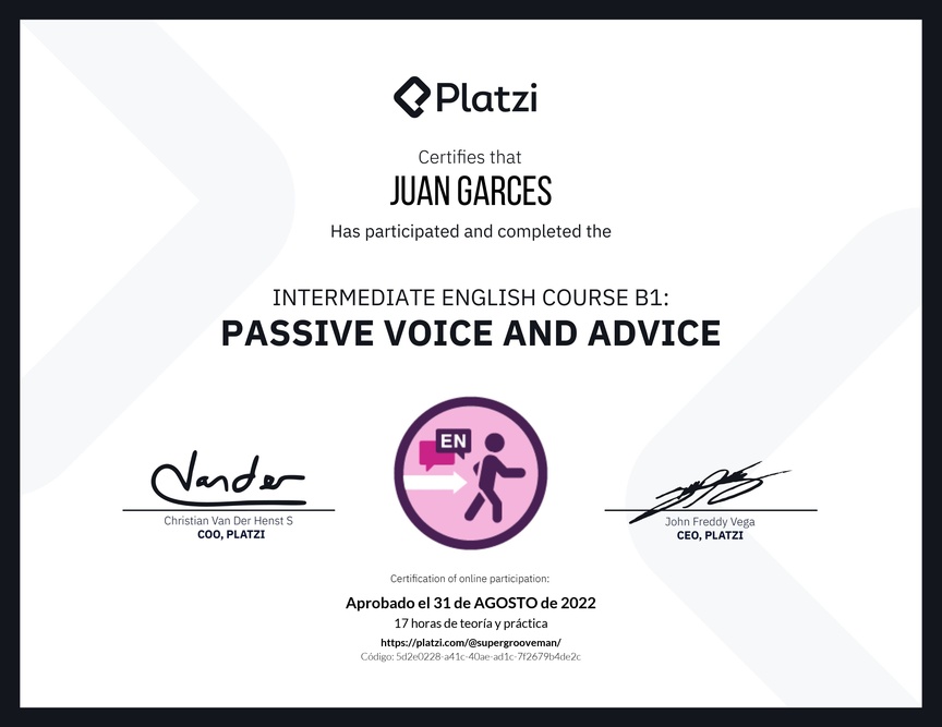 Diploma del Curso de Inglés Intermedio: Voz Pasiva y Consejos (2021)