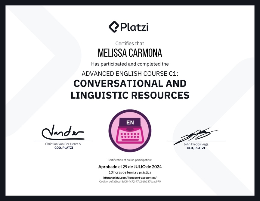 Diploma del Curso de Inglés Avanzado C1: Recursos Conversacionales y Lingüísticos