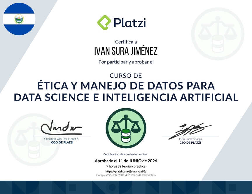 Diploma del Curso de Ética y Manejo de Datos para Data Science e Inteligencia Artificial