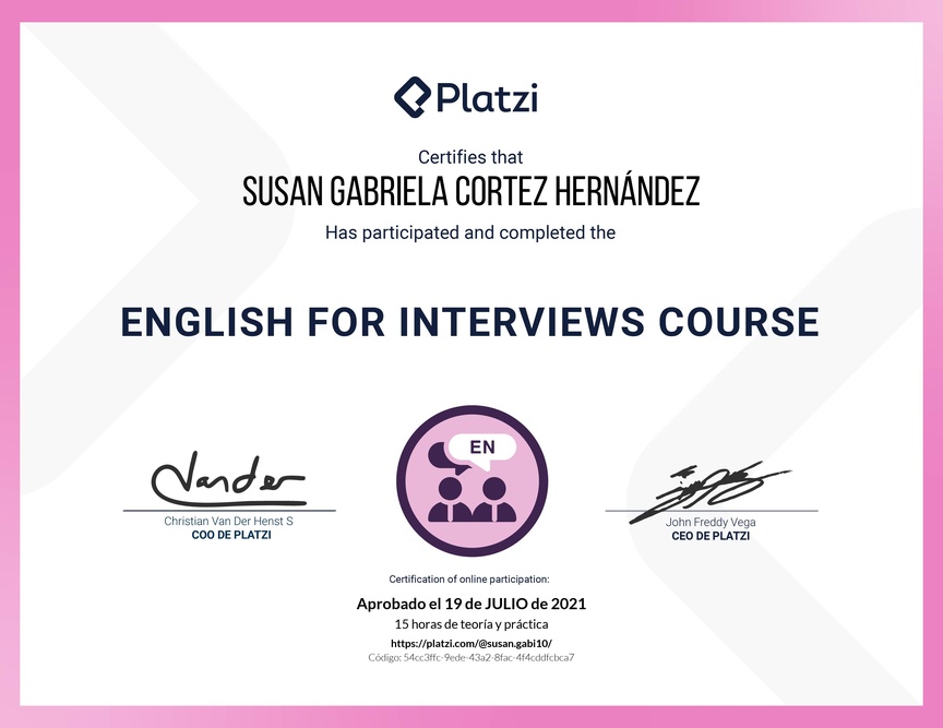 Diploma del Curso para Entrevistas de Trabajo en Inglés (2020)