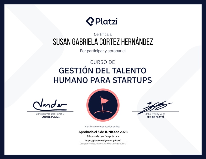 Diploma del Curso de Gestión del Talento Humano para Startups