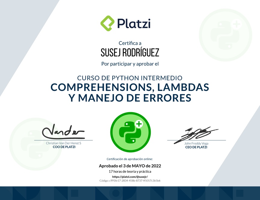 Diploma del Curso de Python Intermedio: Comprehensions, Lambdas y Manejo de Errores