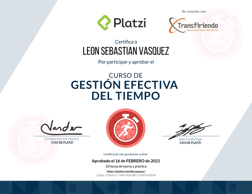 Diploma del Curso de Gestión Efectiva del Tiempo