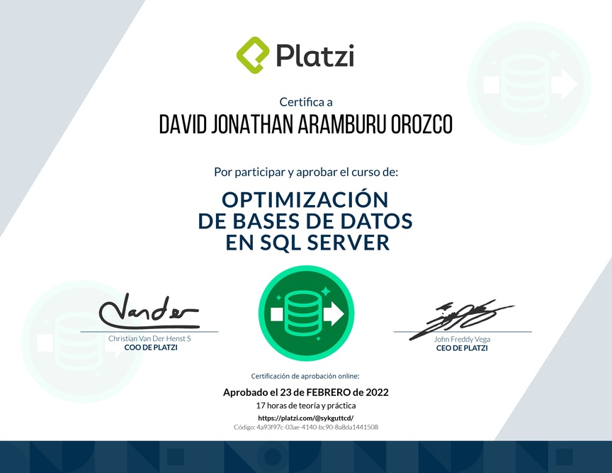 Diploma del Curso de Optimización de Bases de Datos en SQL Server