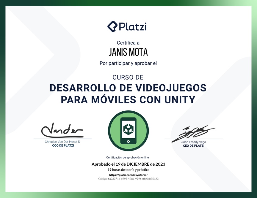 Diploma del Curso de Desarrollo de Videojuegos Móviles con Unity