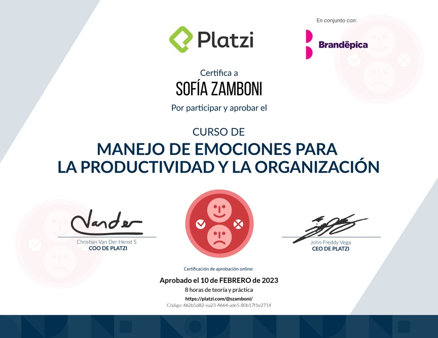 Diploma del Curso de Manejo de Emociones para la Productividad y la Organización