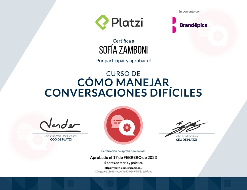Diploma del Curso de Cómo Manejar Conversaciones Difíciles con Clientes