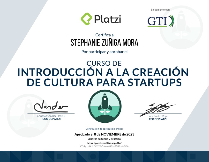 Diploma del Curso de Introducción a la Creación de Cultura para Startups