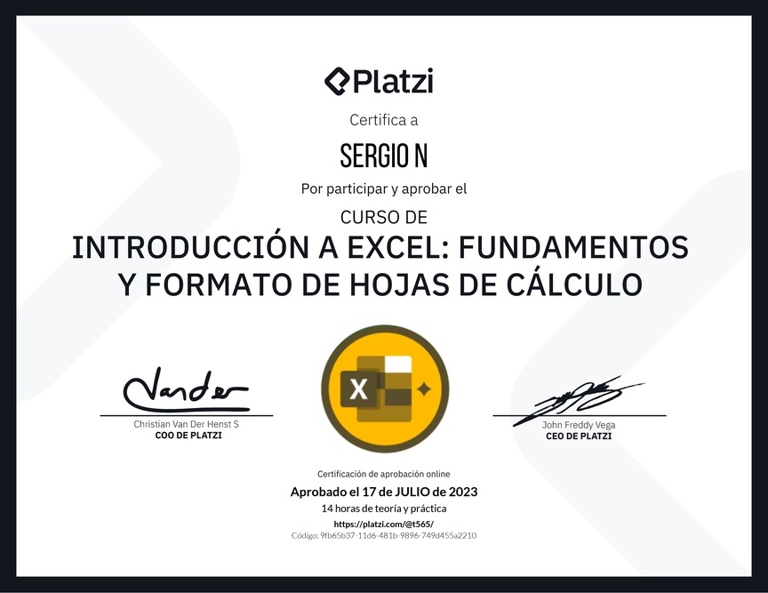 Diploma del Curso de Introducción a Excel para Principiantes: Fundamentos y Formato de Hojas de Cálculo