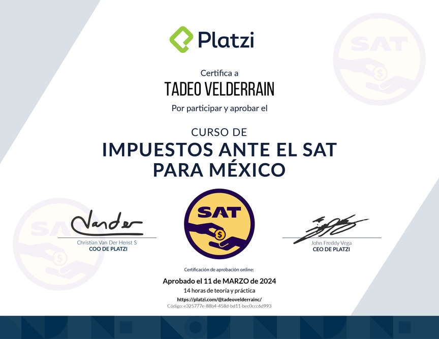 Diploma del Curso de Impuestos ante el SAT para México