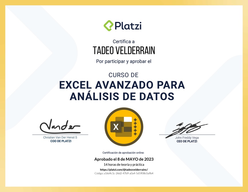Diploma del Curso de Excel Avanzado para Análisis de Datos