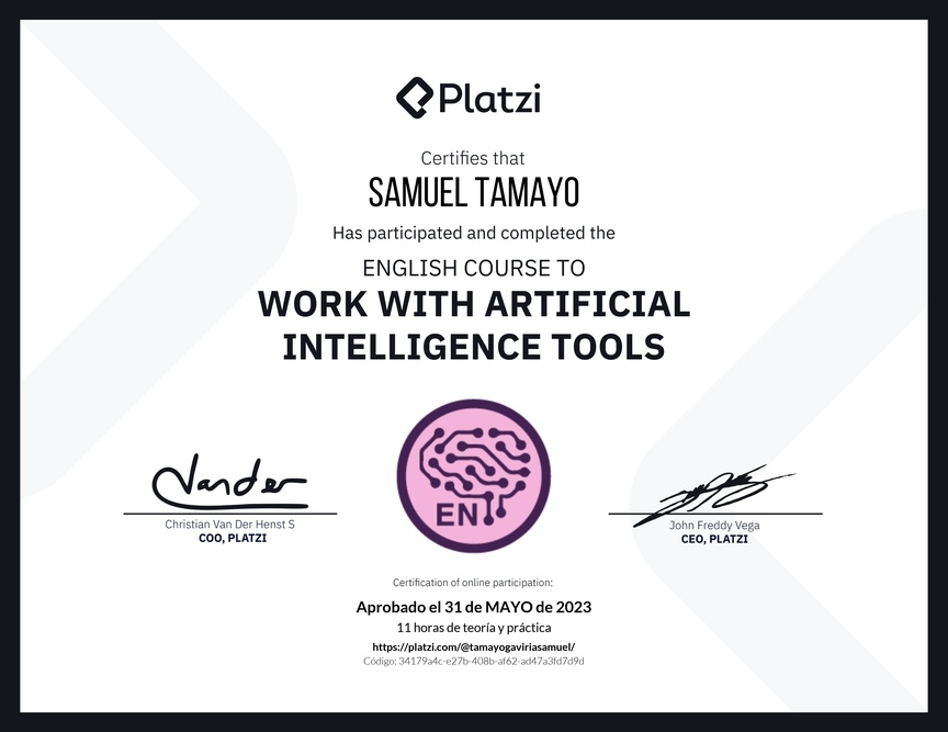 Diploma del Curso de Inglés para el Uso de Inteligencia Artificial