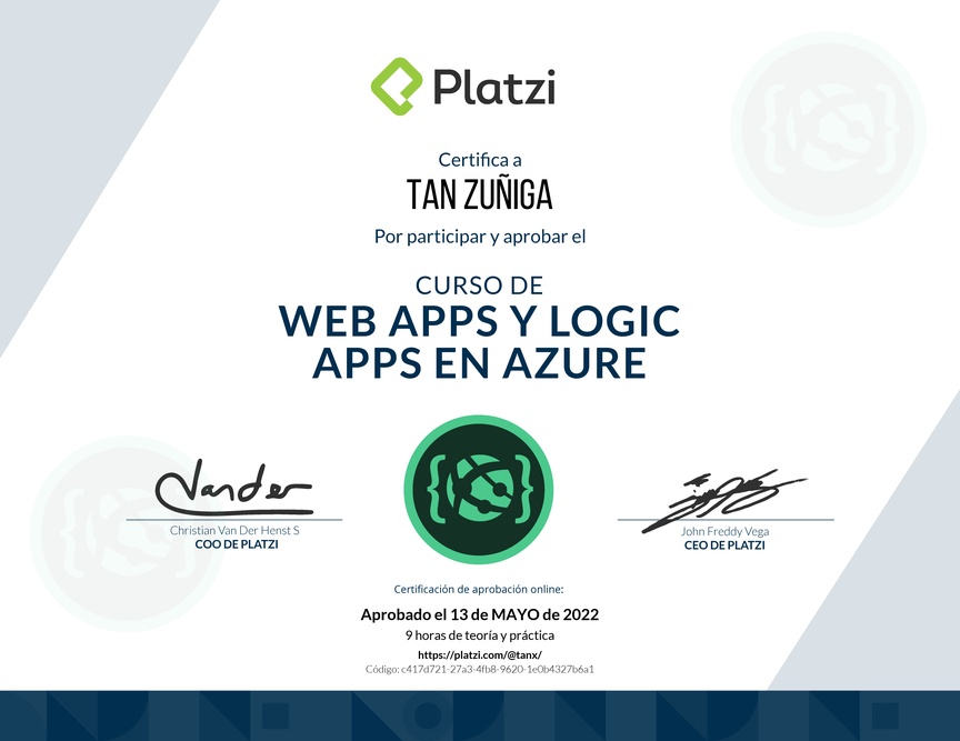 Diploma del Curso de Web Apps y Logic Apps en Azure